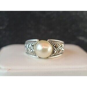 925 Sterling Silver Faux Pearl Marcasite Ring, Size US 7 Vintage